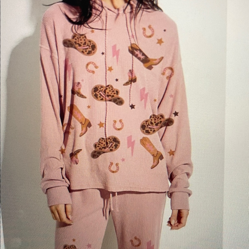 Western Cowgirl Print Rib Hoodie Loungewear Set
